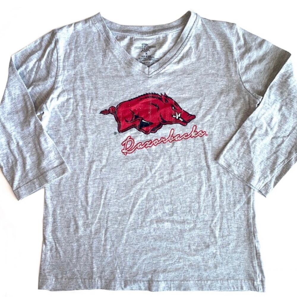 Arkansas Razorbacks Grey Hogs Graphic Rhinestone 3/4 Sleeve Tee Size Medium